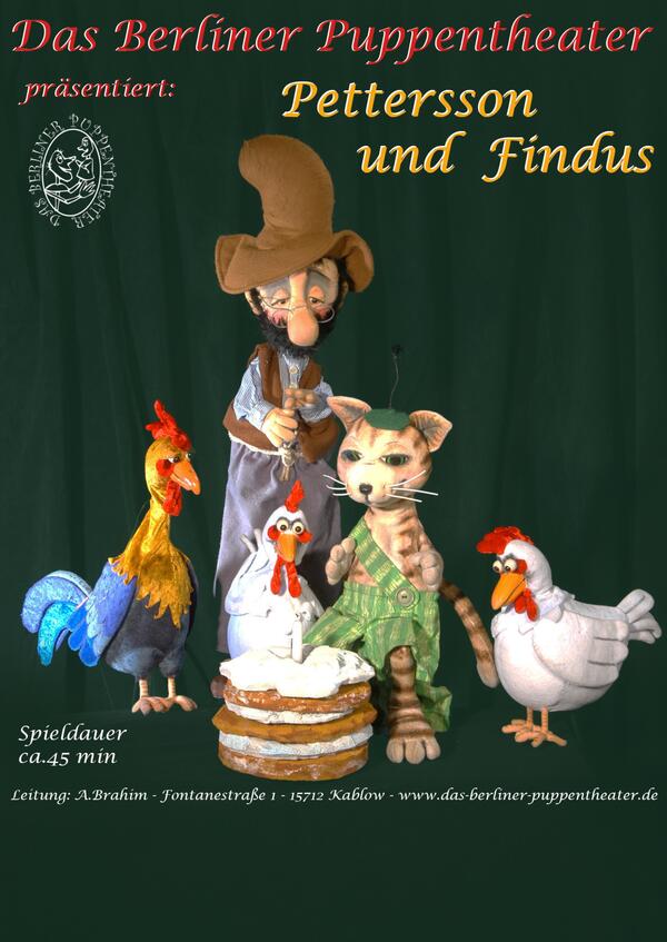 Bild vergrößern: Pettersson und Findus mit den Hühnern vor einer Torte.
