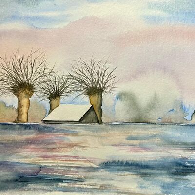 Bild vergr&ouml;&szlig;ern: Digitale Kunstgalerie: Winterlandschaft zum Tr&auml;umen, Aquarell, 2025, K&uuml;nstlerin: Susanne Brodehl / K&uuml;nstlertreff Velten