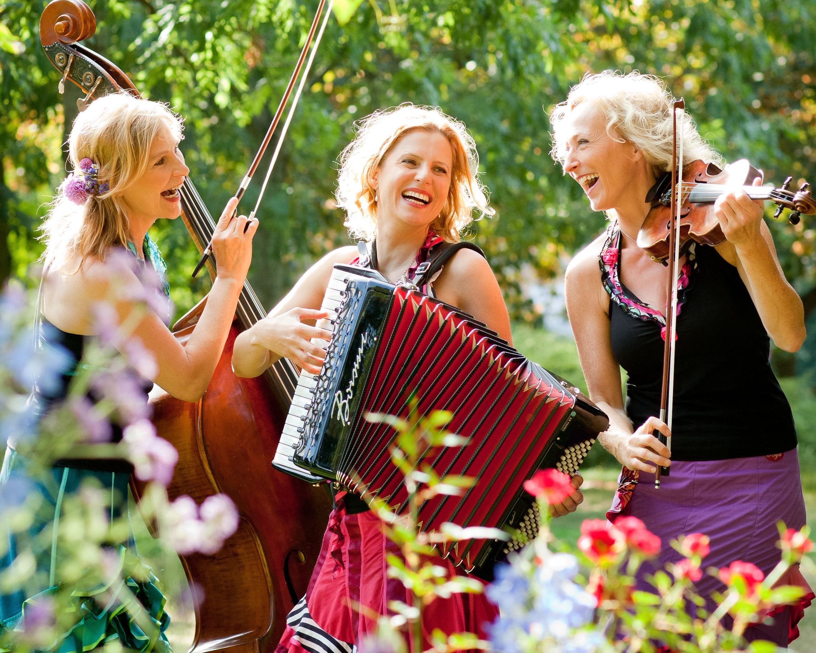 Bild vergr&ouml;&szlig;ern: Trio-Besetzung: Ulrike Dinter mit Violine), Sirid Heuts mit Akkordeon und Anna-Maria Huhn mit Kontrabass auf einer bl&uuml;henden Wiese.