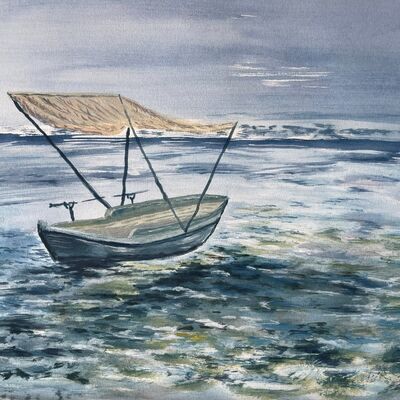 Bild vergr&ouml;&szlig;ern: Digitale Kunstgalerie: Wasser-Wellen-Boot, Gouache auf Papier, 2025, K&uuml;nstler: Gerd Schumann