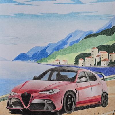 Bild vergr&ouml;&szlig;ern: Digitale Kunstgalerie: Alfa in Italien, Buntstift auf Papier, 2025, K&uuml;nstler: Jens Biereigel