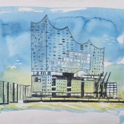 Digitale Kunstgalerie: Elbphilharmonie, Aquarell, K&uuml;nstlerin: Helma Thulke-Marquardt / K&uuml;nstlertreff Velten