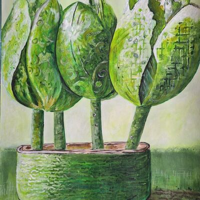 Digitale Kunstgalerie: Gr&uuml;ne Tulpen, Acryl auf Papier, 2025, K&uuml;nstlerin: Marion Arendt / K&uuml;nstlertreff Velten