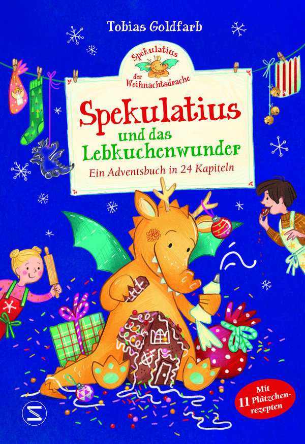 Bild vergr&ouml;&szlig;ern: Buchcover "Spekulatius der Weihnachtsdrache" von Tobias Goldfarb. Ein kleiner Drache ist zu sehen. Rund herum sind weihnachtliche Motive wie Socken, Schneeflocken und Kinder.