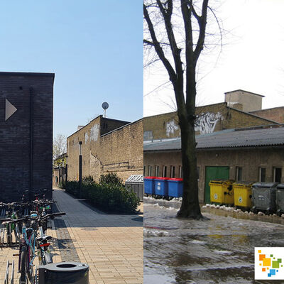 Vorher-Nachher-Aufnahme: Der Bibliotheksgasse mit dem Kommunikationszentrum auf dem ehemaligen Gel&auml;nde der Linden-Grundschule entstand mit Hilfe der St&auml;dtebauf&ouml;rderung.