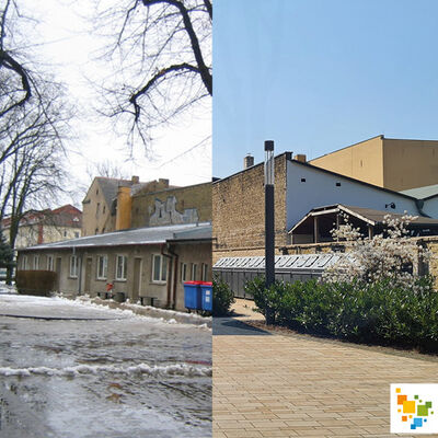 Vorher-Nachher-Aufnahme: Der Bibliotheksgasse mit dem Kommunikationszentrum auf dem ehemaligen Gel&auml;nde der Linden-Grundschule entstand mit Hilfe der St&auml;dtebauf&ouml;rderung.