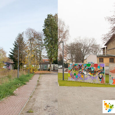Vorher-Nachher-Aufnahme: Das Jugendfreizeitzentrum Oase an der Berliner Stra&szlig;e konnte mit Hilfe der St&auml;dtebauf&ouml;rderung saniert werden.