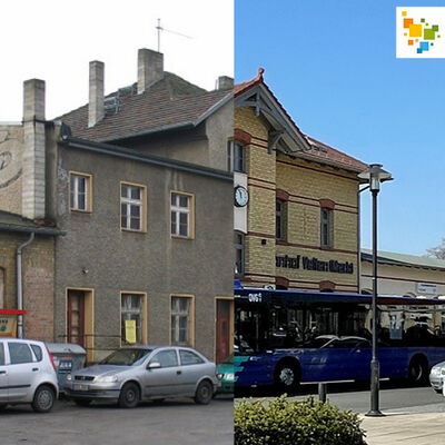 Vorher-Nachher-Aufnahme: Das Bahnhofsgeb&auml;ude und der Vorplatz konnten mit Hilfe der St&auml;dtebauf&ouml;rderung saniert werden.