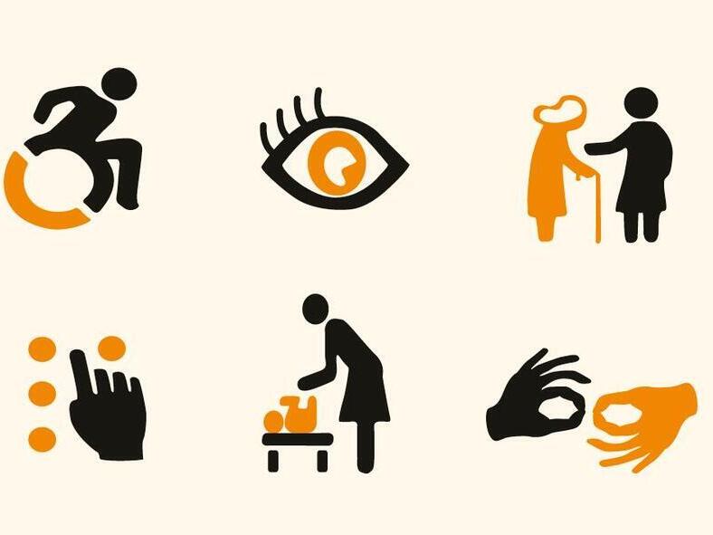 Bild vergrößern: Icons für mögliche Barrieren im Stadtzentrum: Schwerhörigkeit, Rollstuhl, Auge, Gehbeeinträchtigung, Blindenhund, Blindenschrift, Wickeltisch, Hände für Gebärdensprache.