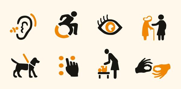 Bild vergrößern: Icons für mögliche Barrieren im Stadtzentrum: Schwerhörigkeit, Rollstuhl, Auge, Gehbeeinträchtigung, Blindenhund, Blindenschrift, Wickeltisch, Hände für Gebärdensprache.
